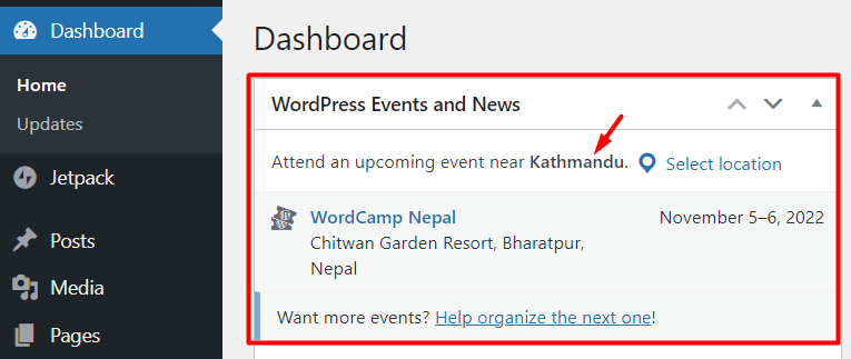 WordPress News and Events Widget on the Dashboard
