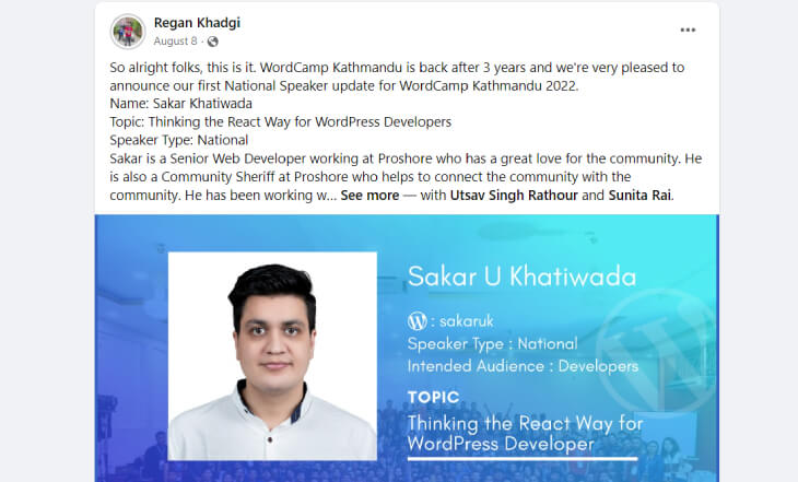 WCKTM 2022 Speaker Announcement on Facebook Group 'WordPress Nepal'